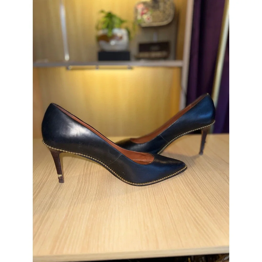 Coach Black Leather Pointed Toe Pumps Chain Detail Stiletto Heels Womens Size 10